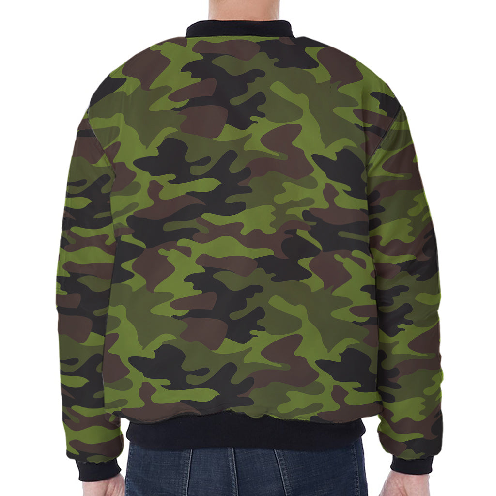 Dark Green And Black Camouflage Print Zip Sleeve Bomber Jacket