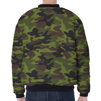 Dark Green And Black Camouflage Print Zip Sleeve Bomber Jacket