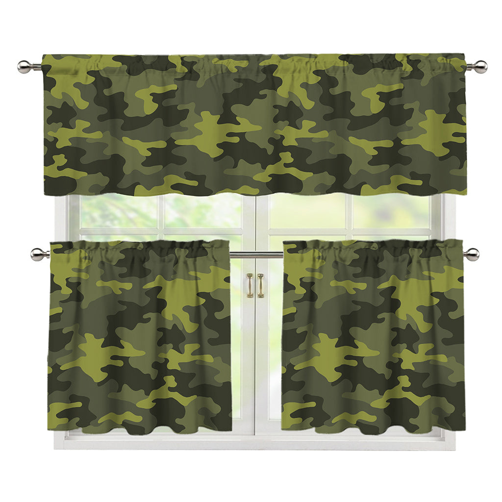 Dark Green Camouflage Print 3 Piece Kitchen Curtains