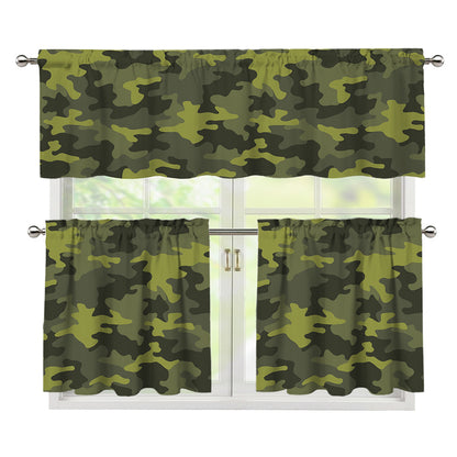 Dark Green Camouflage Print 3 Piece Kitchen Curtains