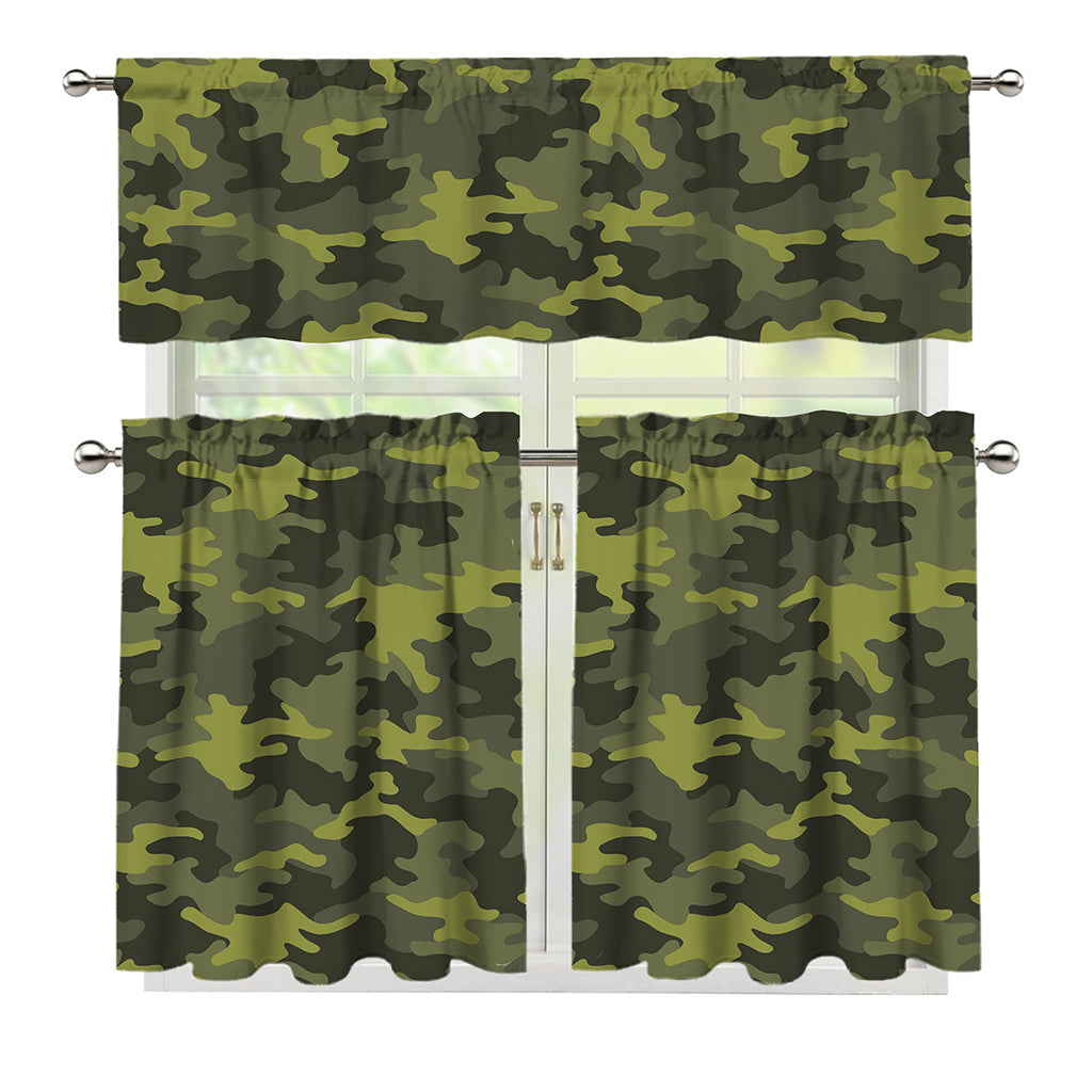 Dark Green Camouflage Print 3 Piece Kitchen Curtains