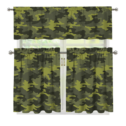 Dark Green Camouflage Print 3 Piece Kitchen Curtains