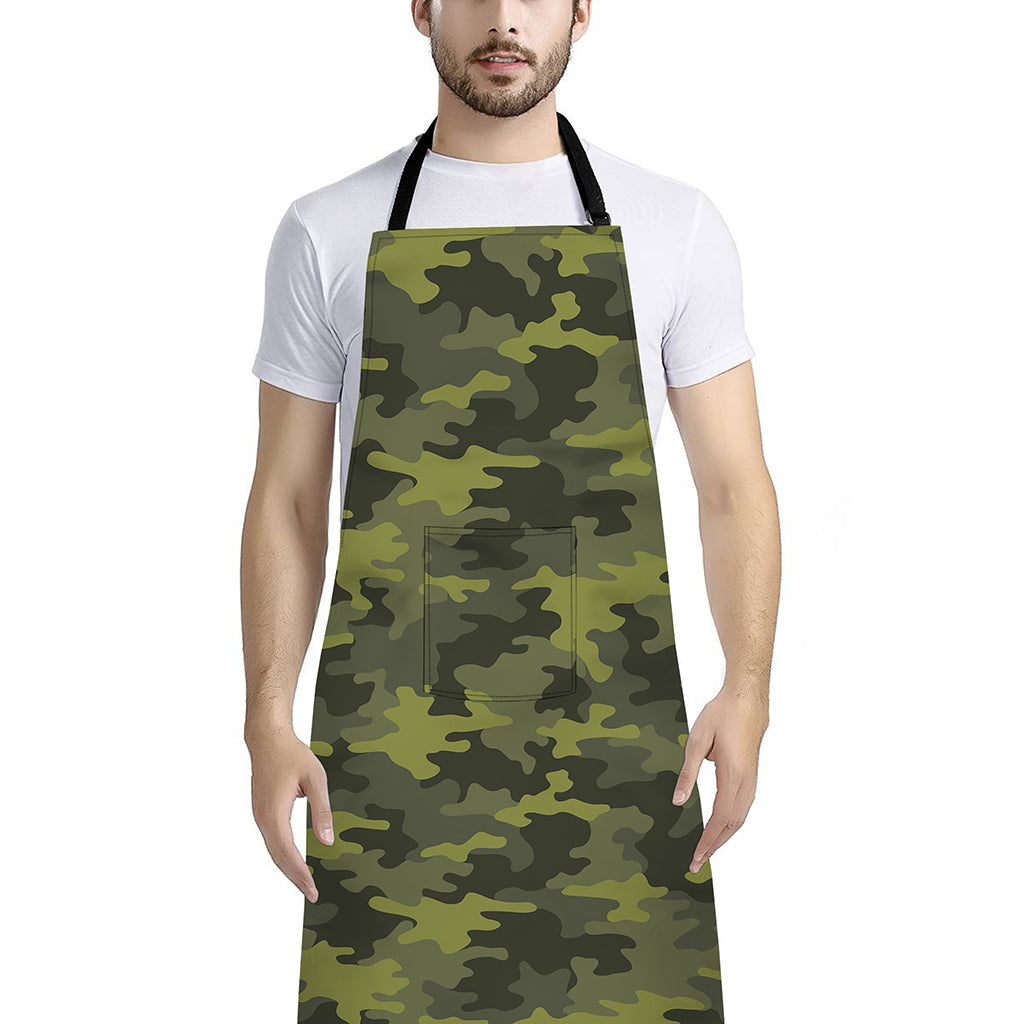 Dark Green Camouflage Print Bib Apron With Pocket