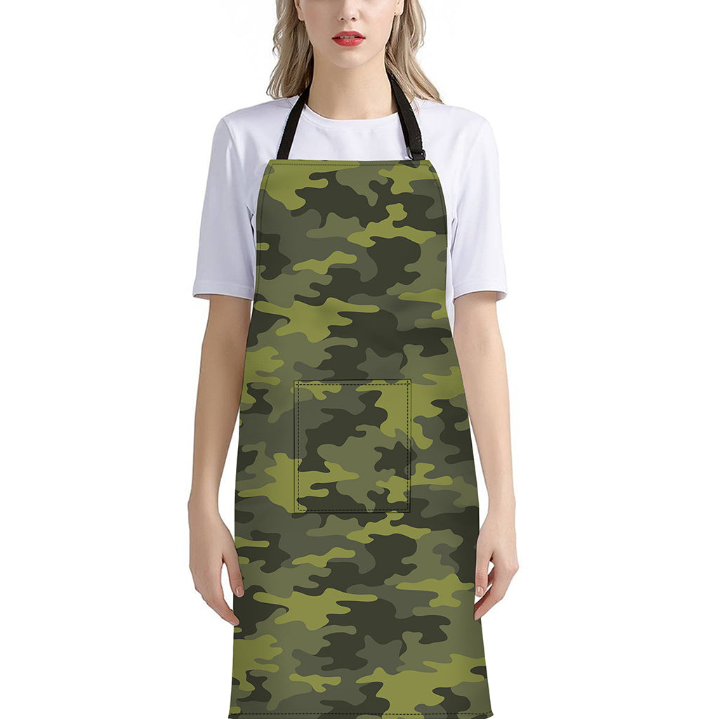 Dark Green Camouflage Print Bib Apron With Pocket