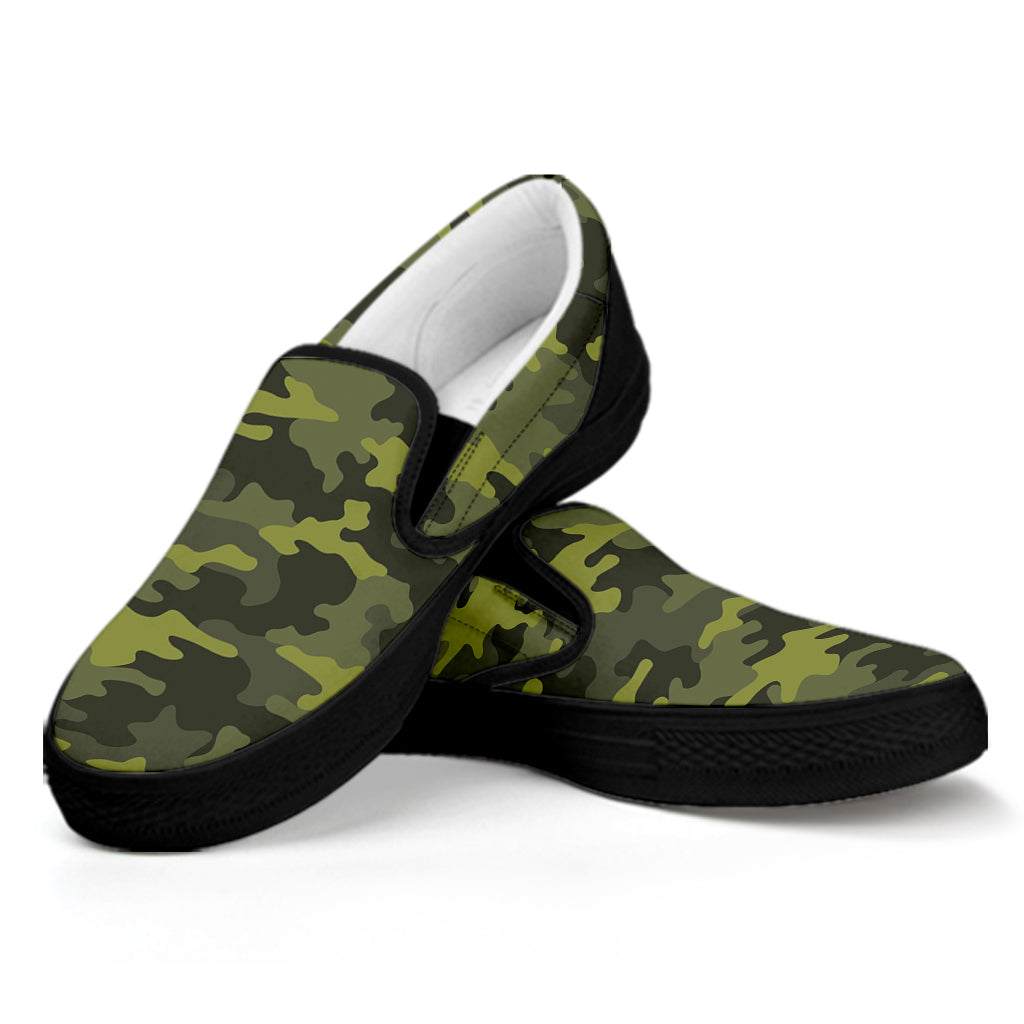 Dark Green Camouflage Print Black Slip On Sneakers