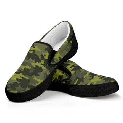 Dark Green Camouflage Print Black Slip On Sneakers