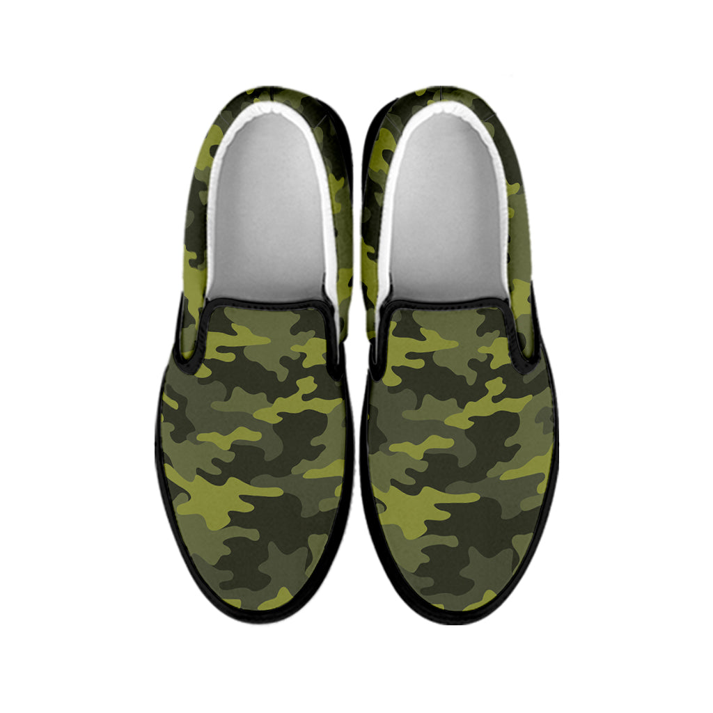 Dark Green Camouflage Print Black Slip On Sneakers