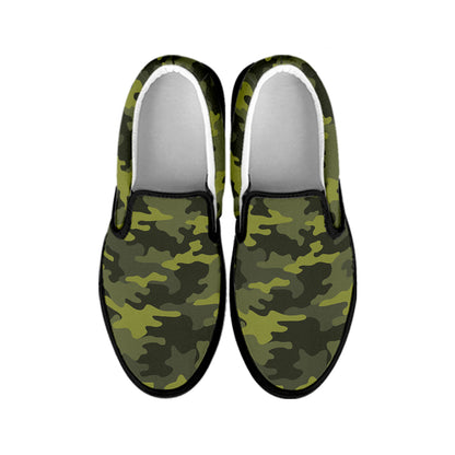 Dark Green Camouflage Print Black Slip On Sneakers