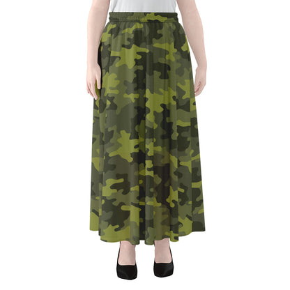 Dark Green Camouflage Print Chiffon Maxi Skirt
