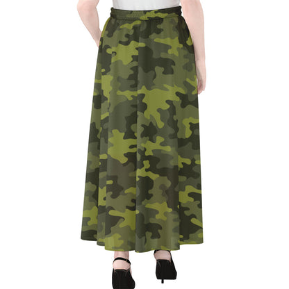 Dark Green Camouflage Print Chiffon Maxi Skirt
