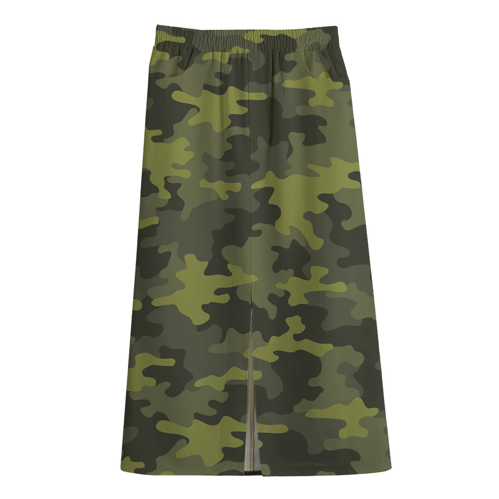 Dark Green Camouflage Print Cotton Front Slit Maxi Skirt