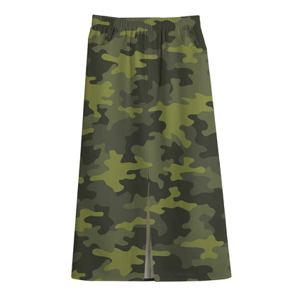 Dark Green Camouflage Print Cotton Front Slit Maxi Skirt