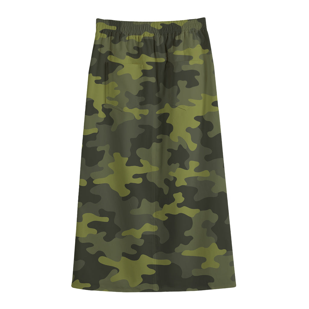 Dark Green Camouflage Print Cotton Front Slit Maxi Skirt