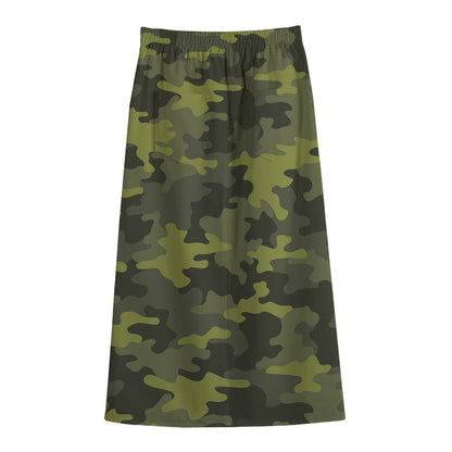 Dark Green Camouflage Print Cotton Front Slit Maxi Skirt