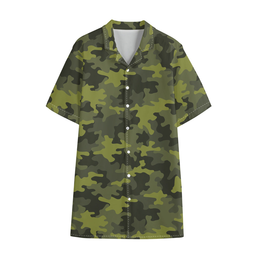 Dark Green Camouflage Print Cotton Hawaiian Shirt