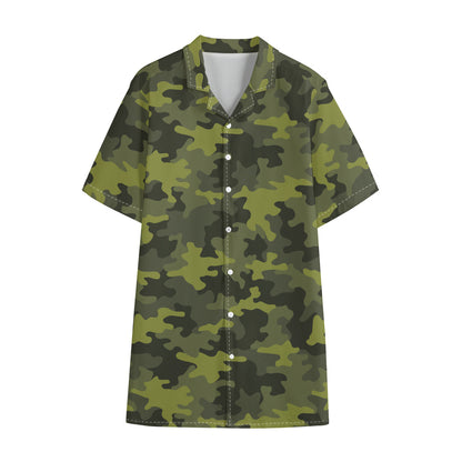 Dark Green Camouflage Print Cotton Hawaiian Shirt
