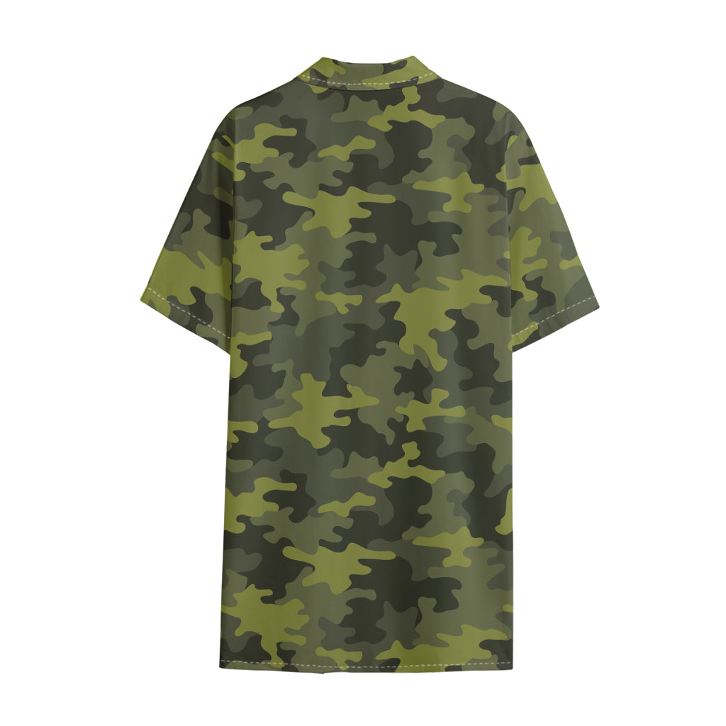 Dark Green Camouflage Print Cotton Hawaiian Shirt