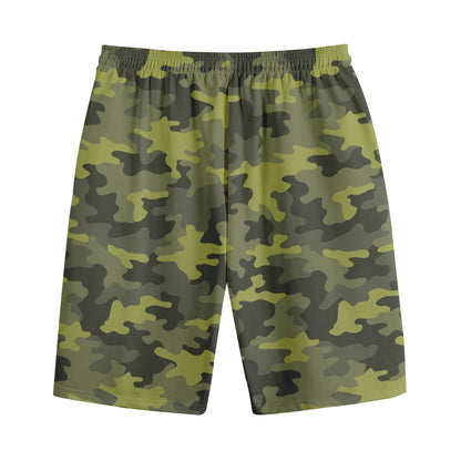 Dark Green Camouflage Print Cotton Shorts