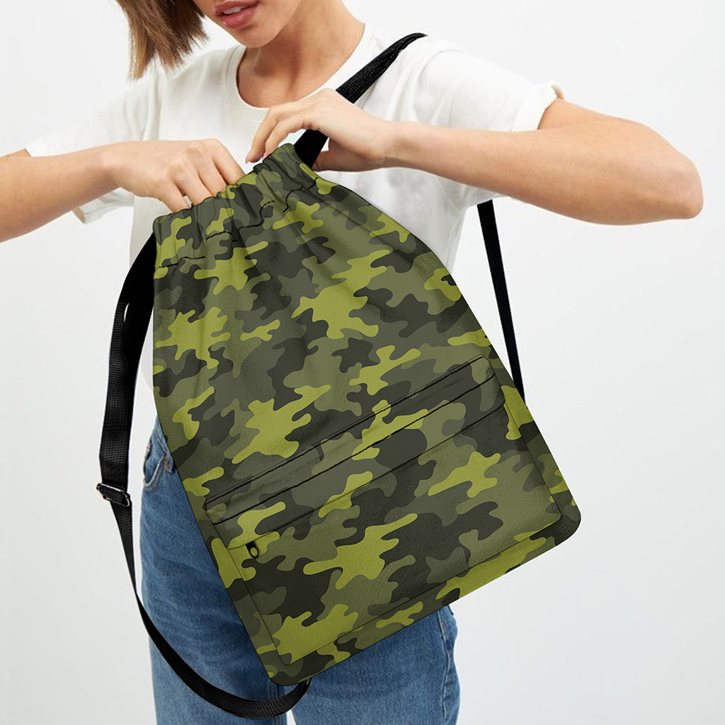 Dark Green Camouflage Print Drawstring Backpack