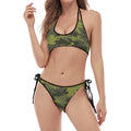 Dark Green Camouflage Print Halter Scoop Tie Side Bikini