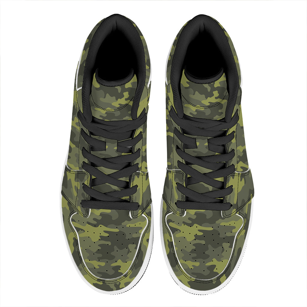 Dark Green Camouflage Print High Top Leather Sneakers