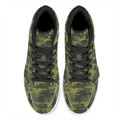 Dark Green Camouflage Print High Top Leather Sneakers