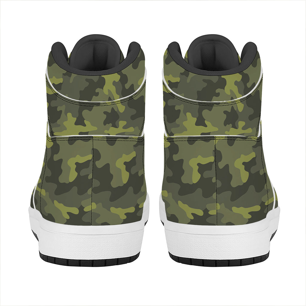 Dark Green Camouflage Print High Top Leather Sneakers