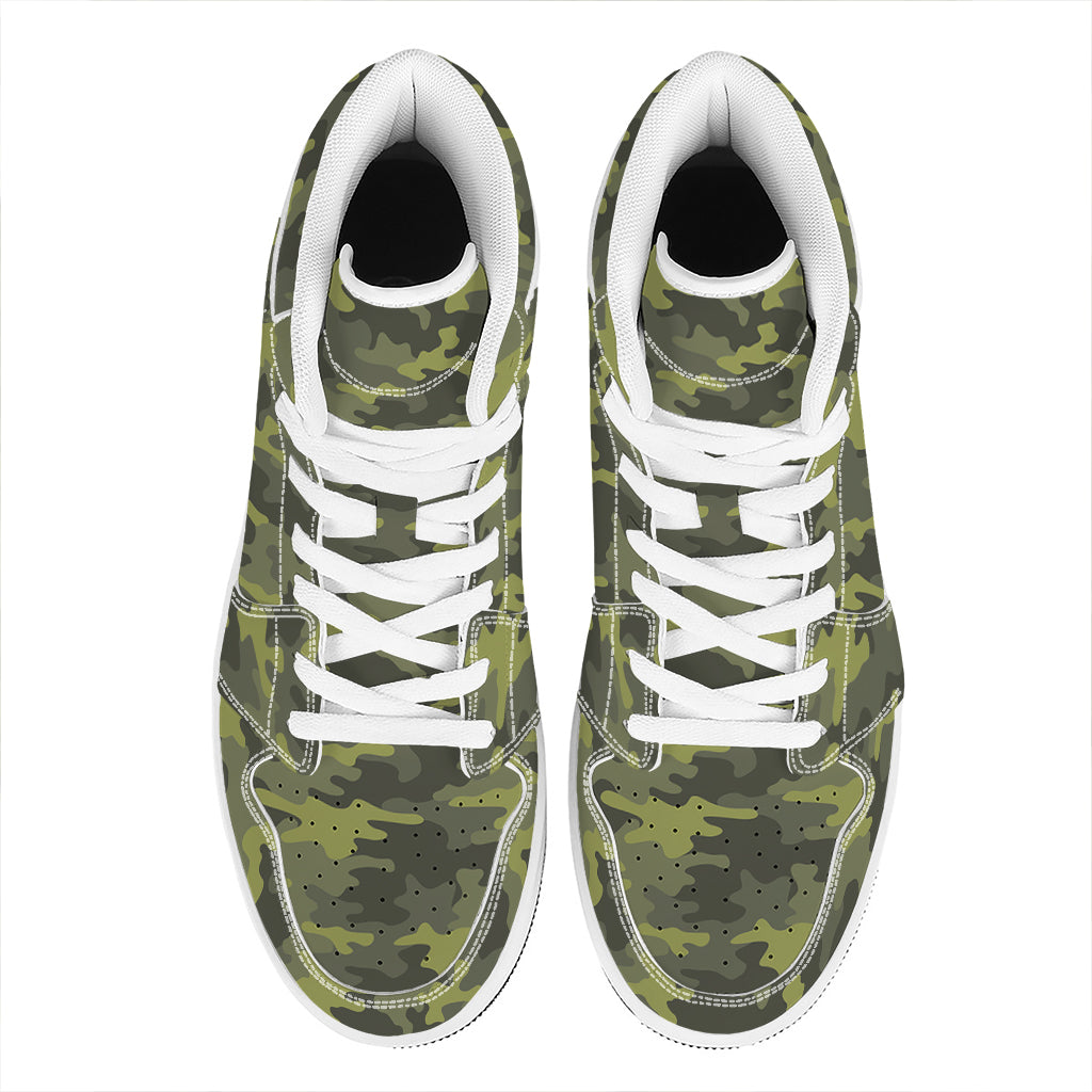 Dark Green Camouflage Print High Top Leather Sneakers