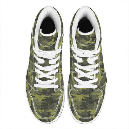 Dark Green Camouflage Print High Top Leather Sneakers