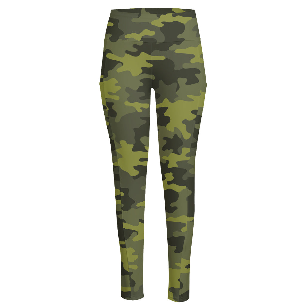 Dark Green Camouflage Print High-Waisted Pocket Leggings