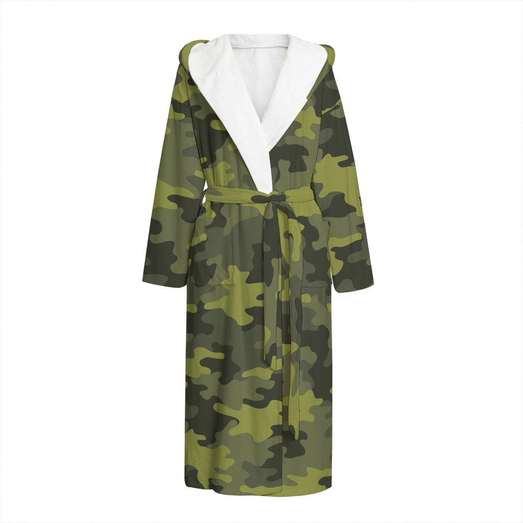 Dark Green Camouflage Print Hooded Bathrobe