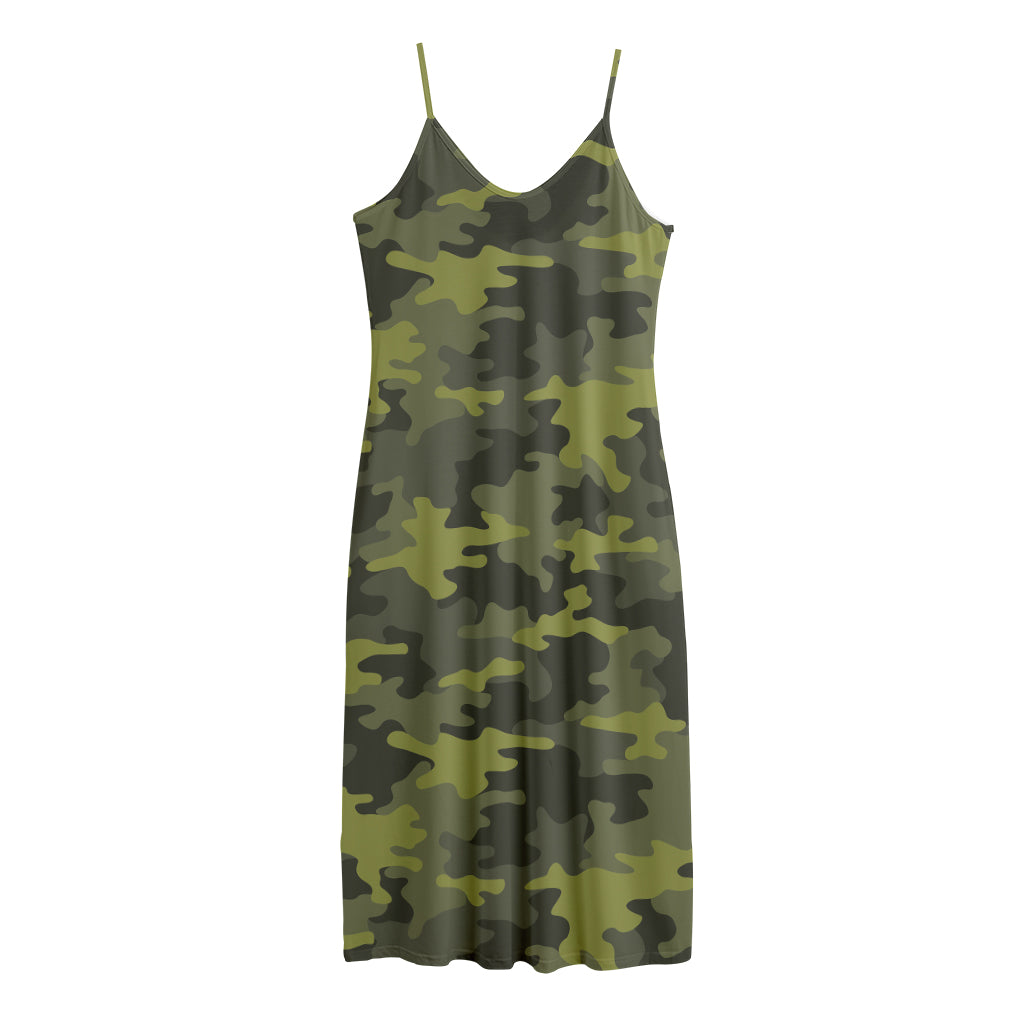 Dark Green Camouflage Print Jersey Midi Cami Dress