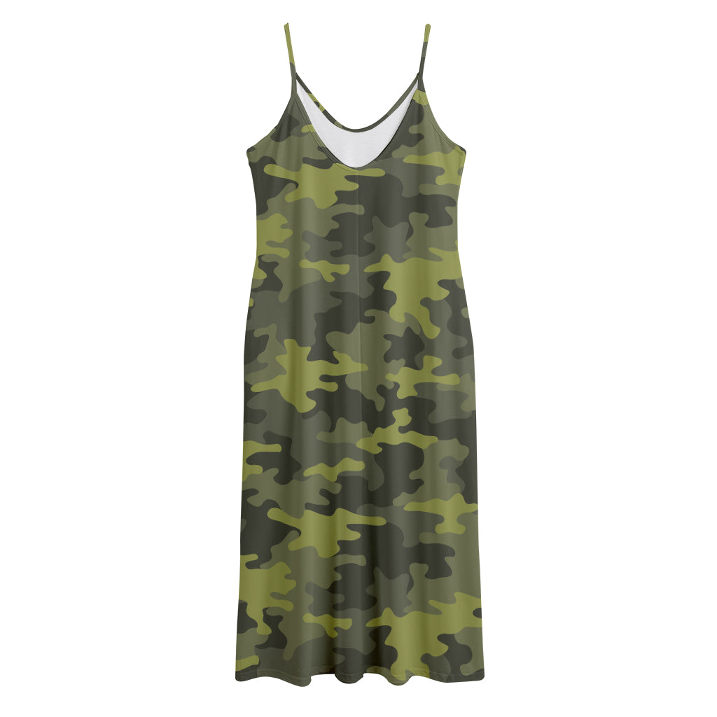 Dark Green Camouflage Print Jersey Midi Cami Dress