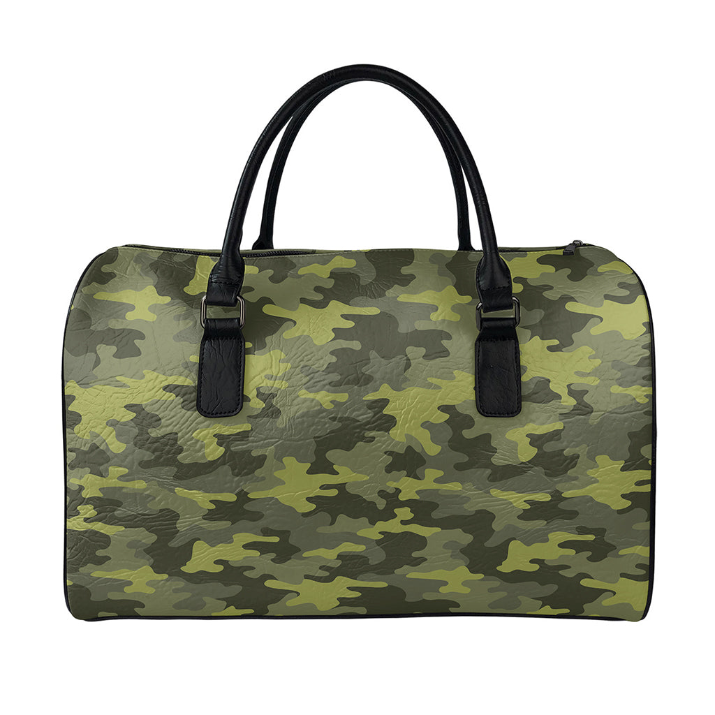 Dark Green Camouflage Print Leather Duffle Bag