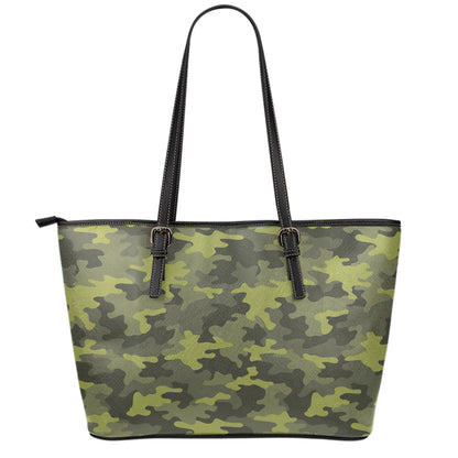 Dark Green Camouflage Print Leather Tote Bag