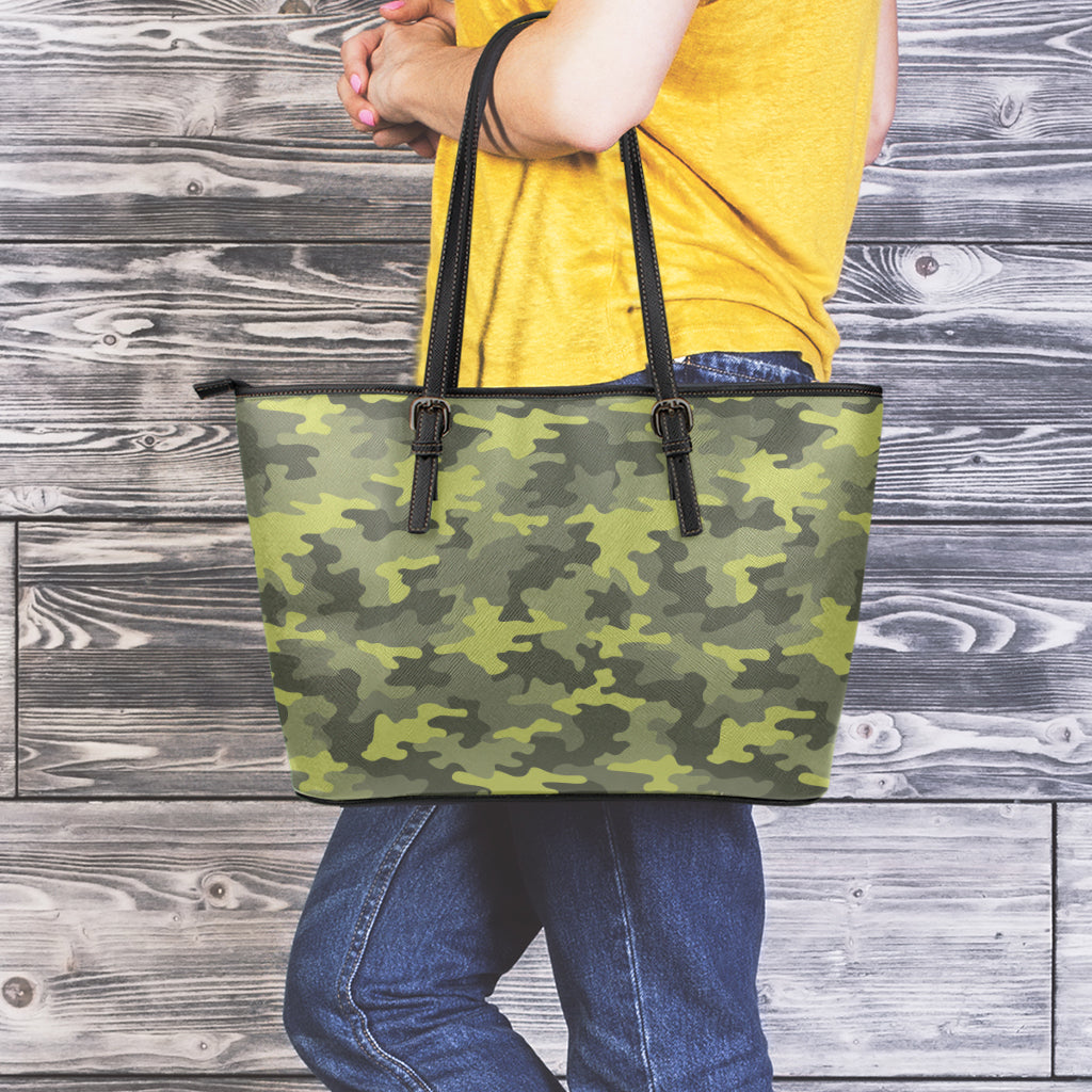 Dark Green Camouflage Print Leather Tote Bag