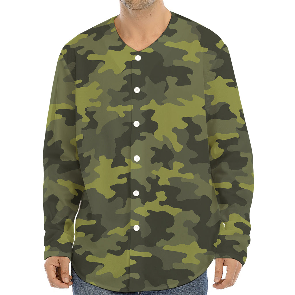 Dark Green Camouflage Print Long Sleeve Baseball Jersey