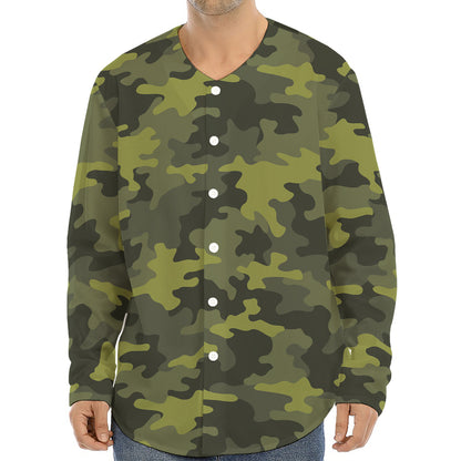 Dark Green Camouflage Print Long Sleeve Baseball Jersey