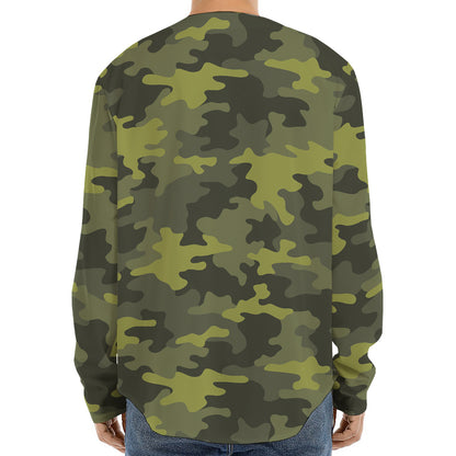 Dark Green Camouflage Print Long Sleeve Baseball Jersey
