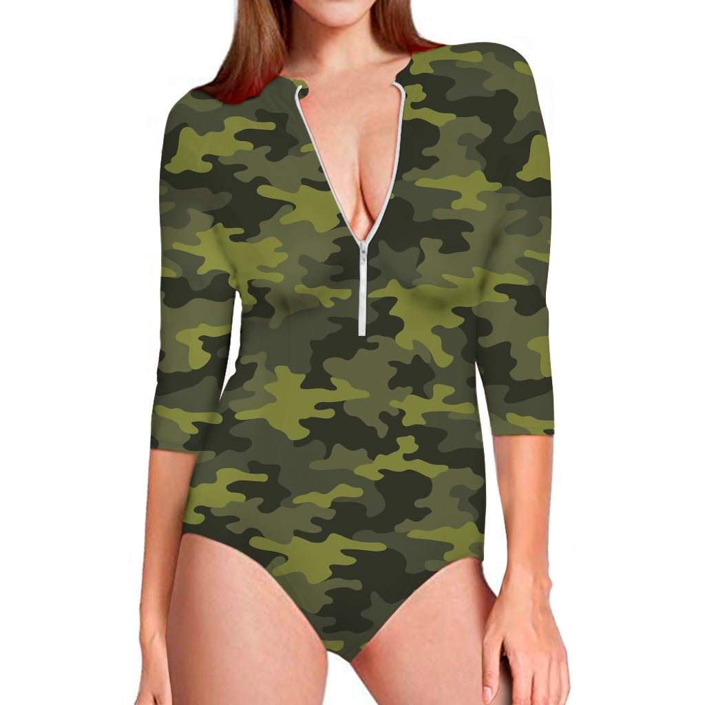 Dark Green Camouflage Print Long Sleeve Swimsuit
