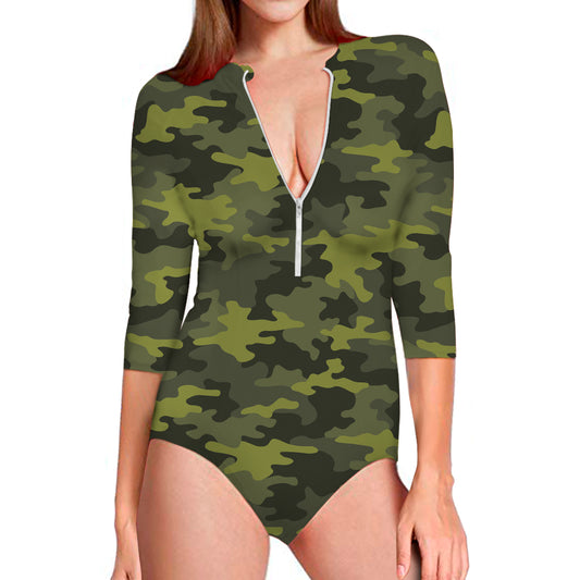 Dark Green Camouflage Print Long Sleeve Swimsuit