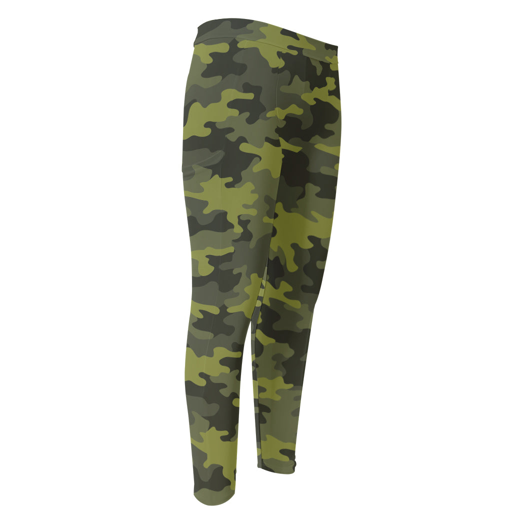 Dark Green Camouflage Print Men's Compression Pants