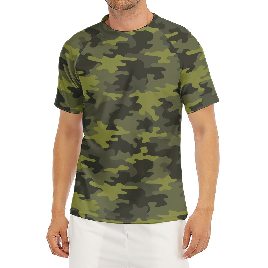 Dark Green Camouflage Print Men's Short Sleeve Rash Guard