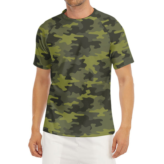 Dark Green Camouflage Print Men's Short Sleeve Rash Guard