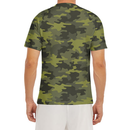 Dark Green Camouflage Print Men's Short Sleeve Rash Guard