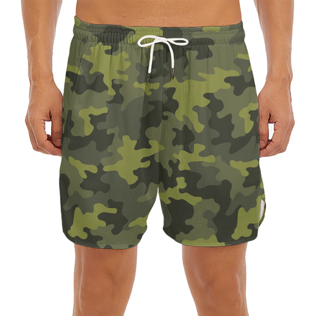 Dark Green Camouflage Print Men's Split Running Shorts
