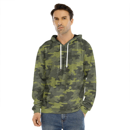 Dark Green Camouflage Print Men's Velvet Pullover Hoodie