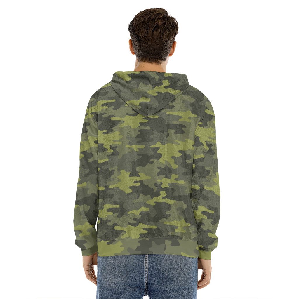 Dark Green Camouflage Print Men's Velvet Pullover Hoodie