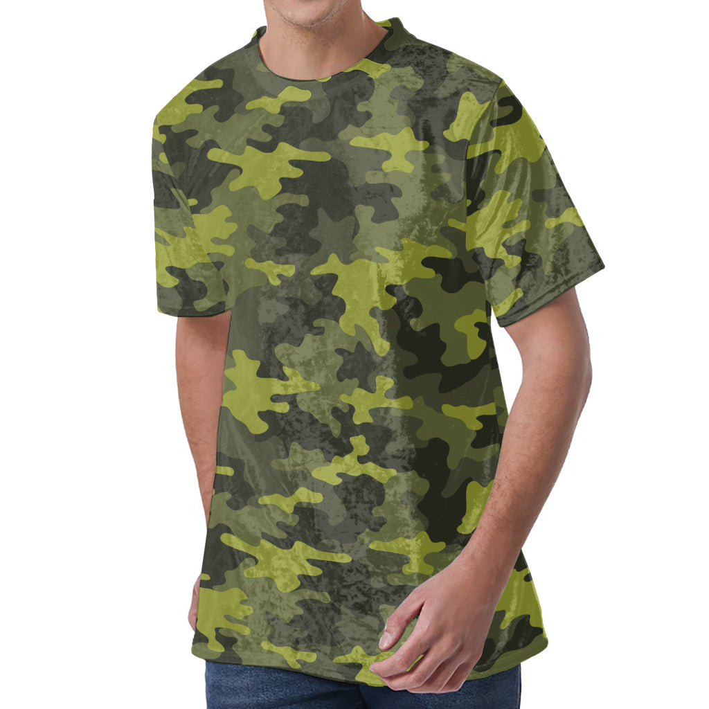 Dark Green Camouflage Print Men's Velvet T-Shirt