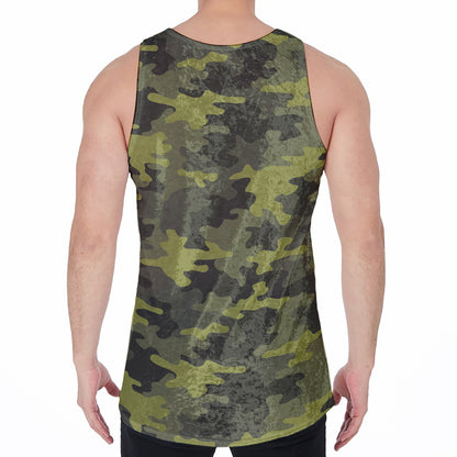 Dark Green Camouflage Print Men's Velvet Tank Top